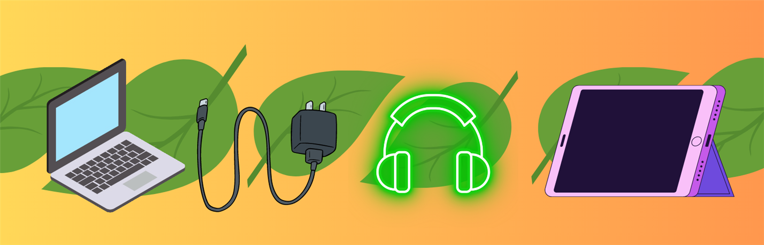  A laptop, black power cord, green headphones, and tablet over green leaves on an orange background